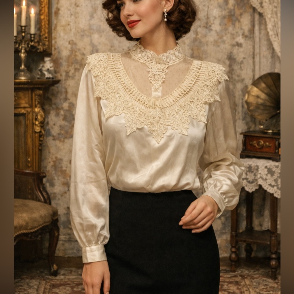 SAN ANDRE Vintage 80’s  Cream satin Lace detailed, long sleeve Blouse size 10